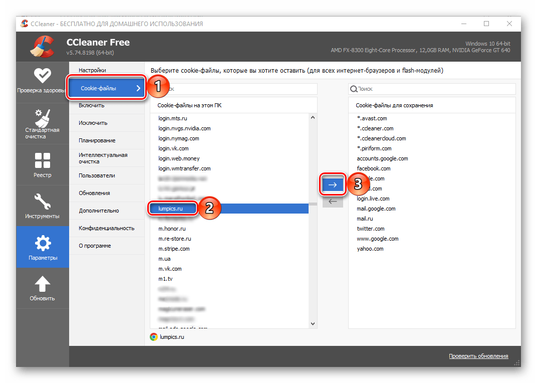 Параметры Cookie-файлов в настройках программы CCleaner для Windows