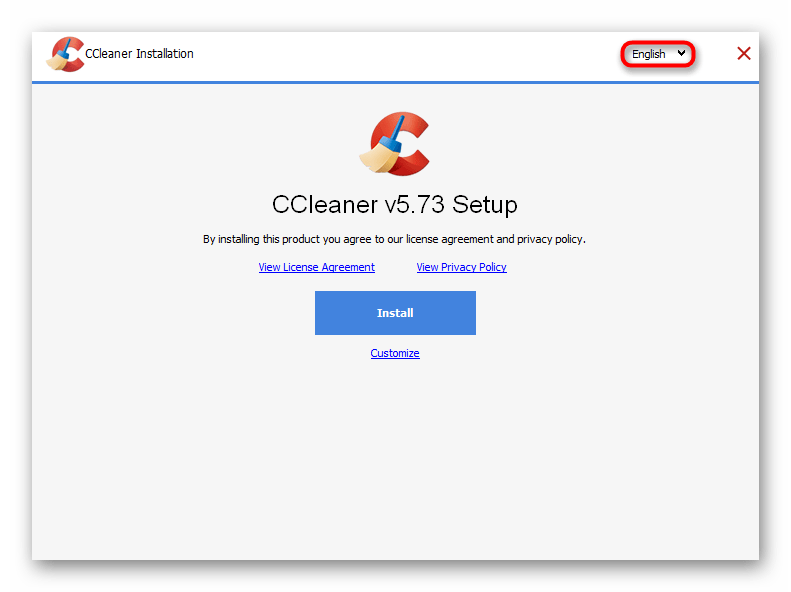 Переход к выбору языка интерфейса CCleaner для установки на русском