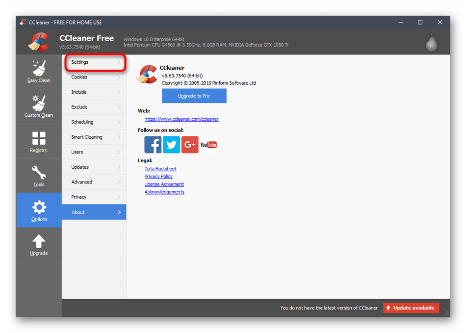 Открытие раздела для изменения языка на русский в программе CCleaner