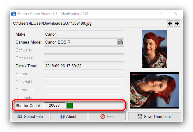 Проверка пробега камеры Canon посредством Shutter Counter Viewer по снимку