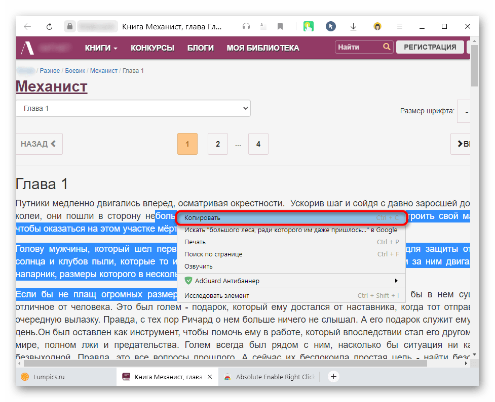 Копирование текста с защищенного сайта после отключения защиты через расширение