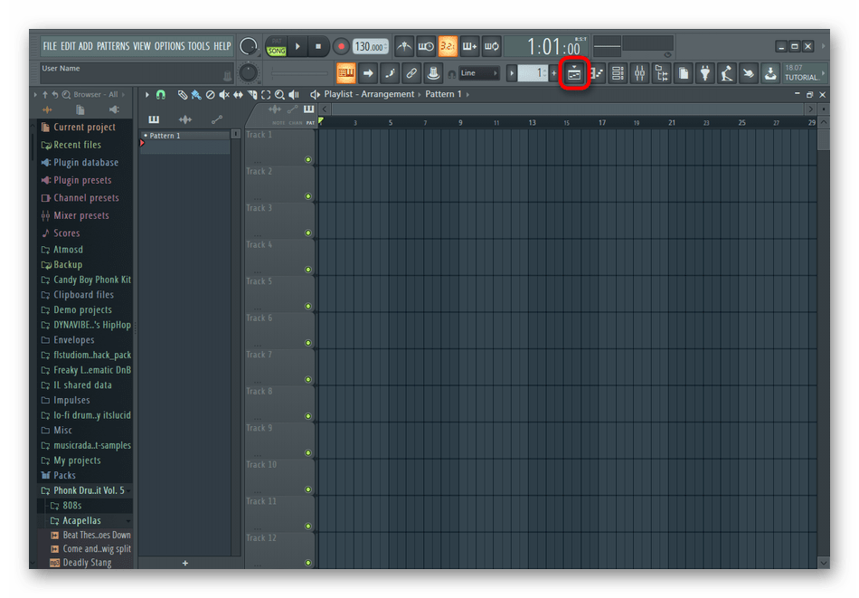 Открытие плейлиста для наложения музыки на музыку в программе Fl Studio