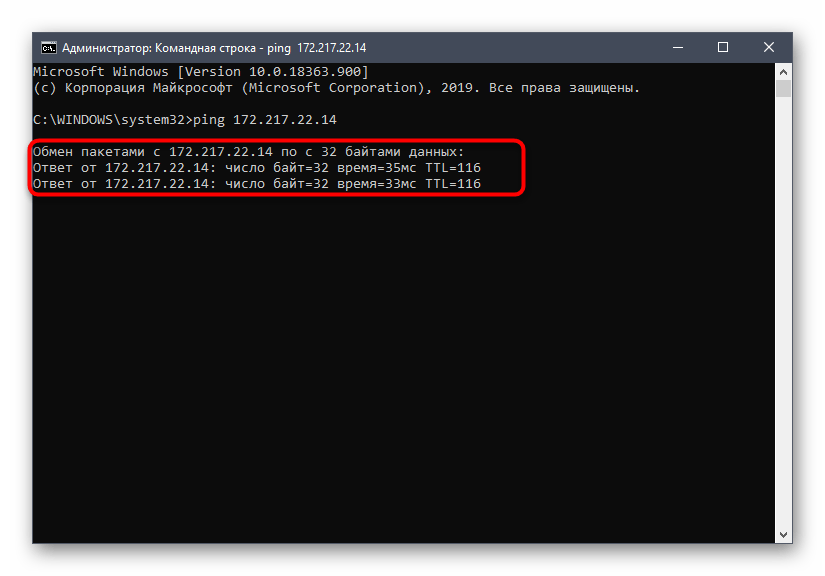 Процесс проверки адреса через командную строку утилитой ping