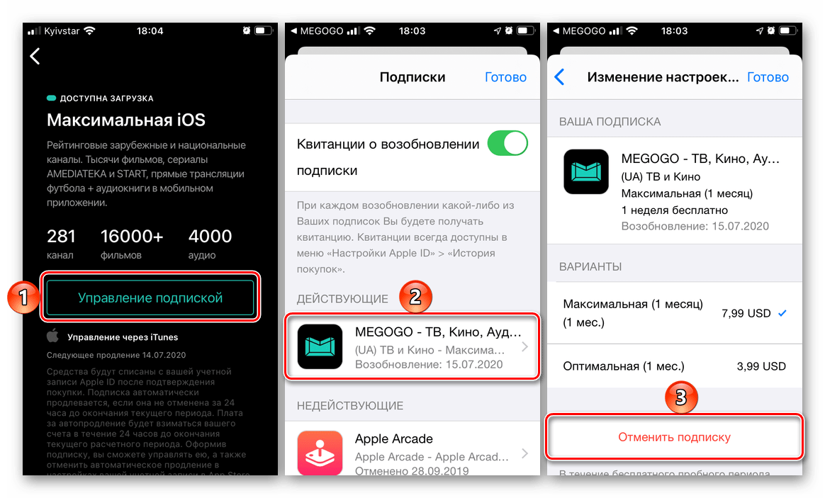 Отмена подписки на Megogo через меню приложения и в App Store на iPhone