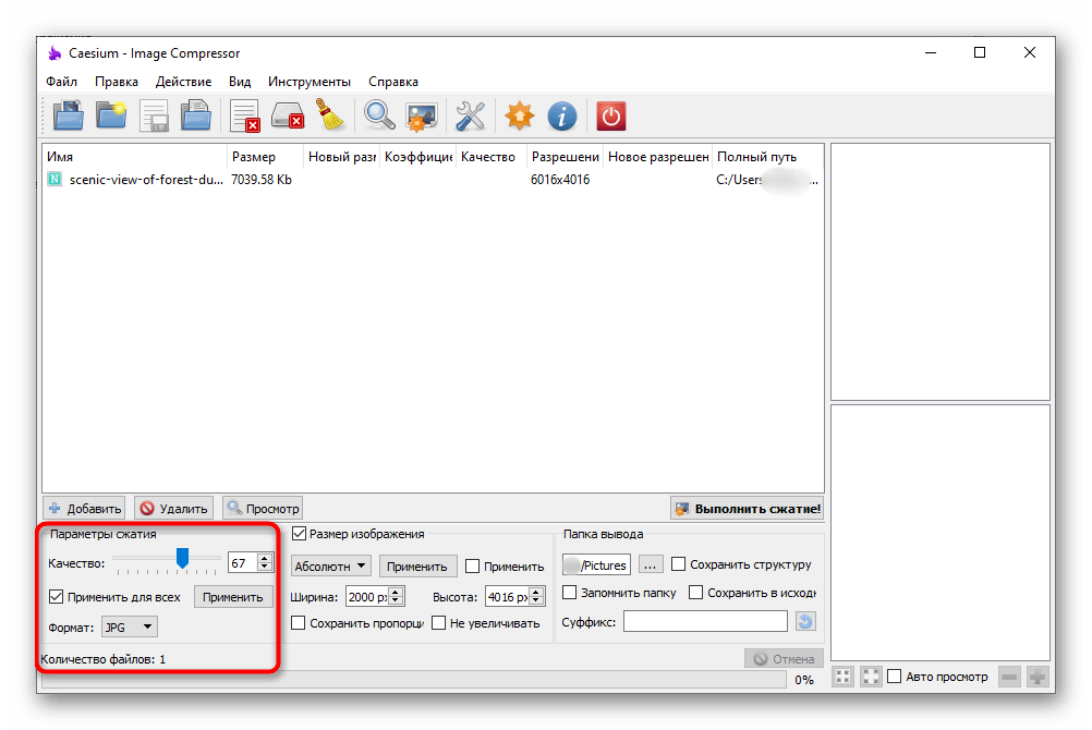 Настройка качества фотографии при его сжатии через программу Caesium