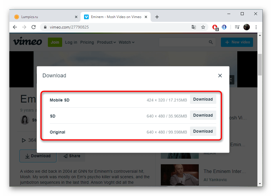 Выбор качества для скачивания видео с Vimeo при помощи встроенной функции