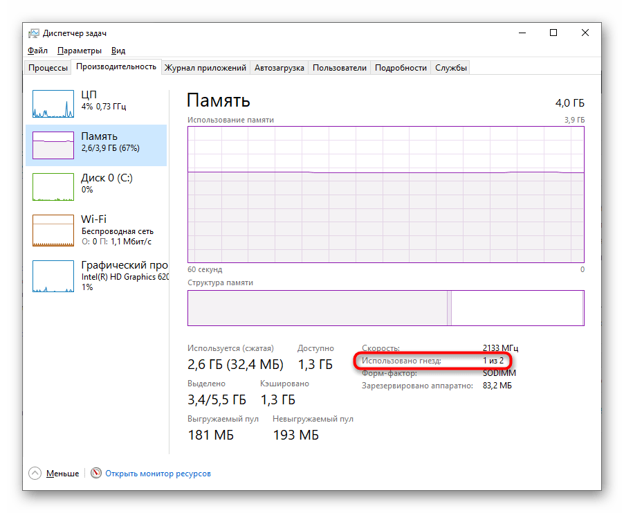 Просмотр количества свободных гнезд оперативной памяти через Диспетчер Задач