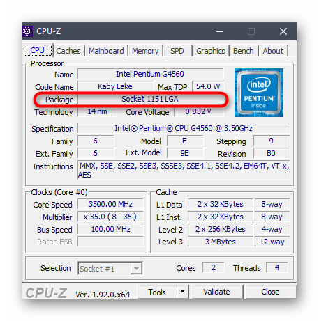 Просмотр информации о сокете материнской платы через программу CPU-Z