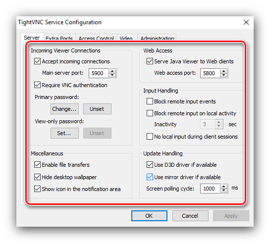 Параметры сервера TightVNC для удалённого подключения к другому компьютеру