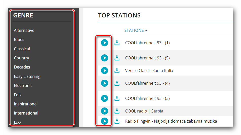 Выбор жанра радиостанции и кнопки предварительного прослушивания