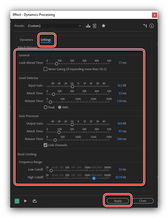 Параметры коррекции тонов для обработки звука в Adobe Audition