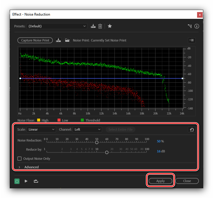 Настройки удаления шумов для обработки звука в Adobe Audition