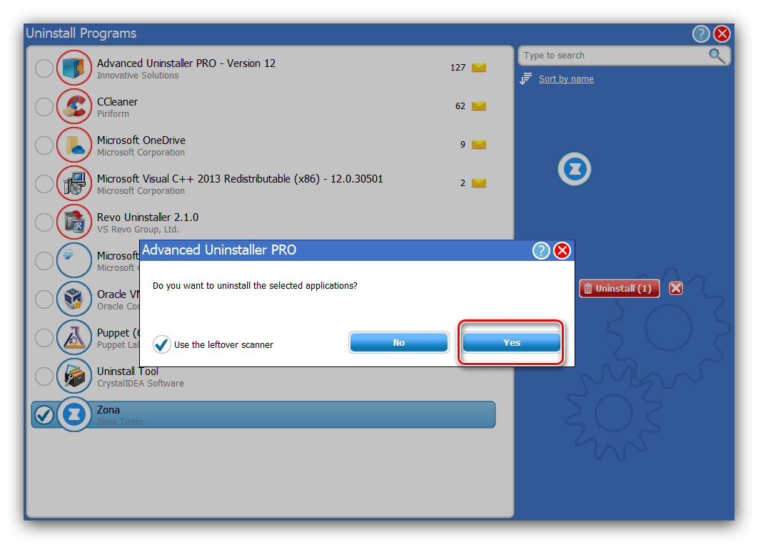 Подтвердить старт удаления Zona методом Advanced Uninstaller PRO