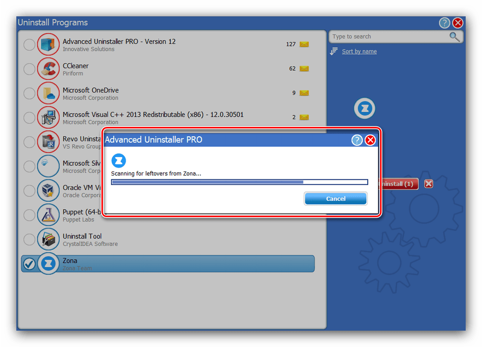 Поиск остатков после удаления Zona методом Advanced Uninstaller PRO