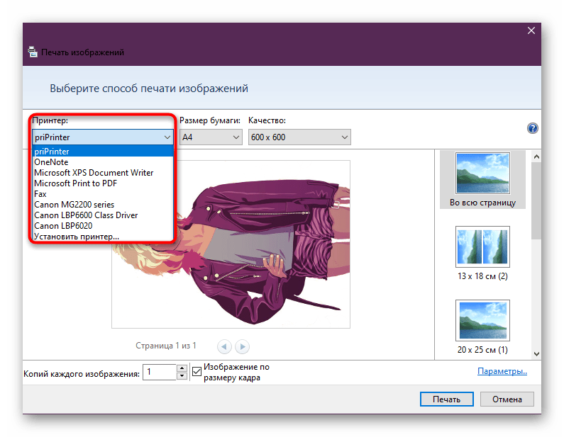 Выбор принтера для печати через стандартное средство Windows