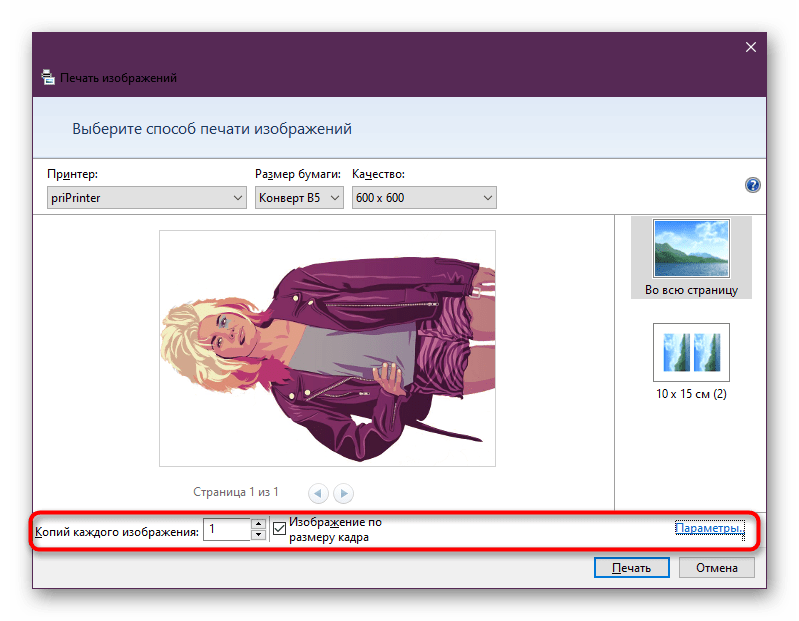 Настройка копий и расположения кадра в стандартном средстве печати Windows