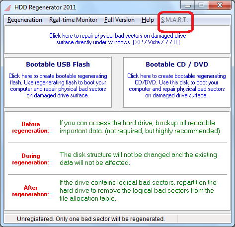 Переход к тесту S.M.A.R.T. в программе HDD Regenerator