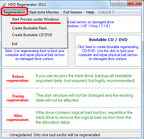 Переход к процессу восстановления диска в программе HDD Regenerator