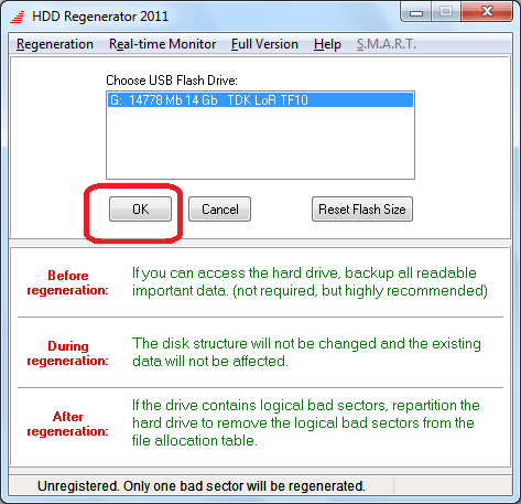 Выбор флешки в программе HDD Regenerator