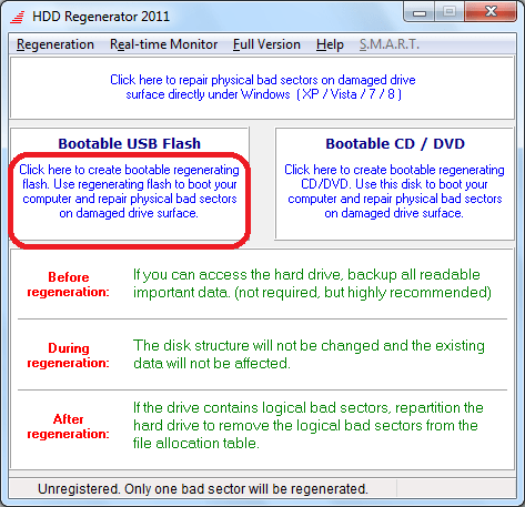 Переход к созданию загрузочной флешки в программе HDD Regenerator