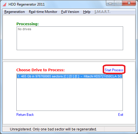 Выбор диска в программе HDD Regenerator