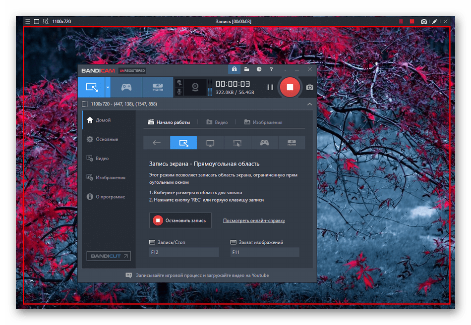 Начало записи ролика с экрана в программе Bandicam