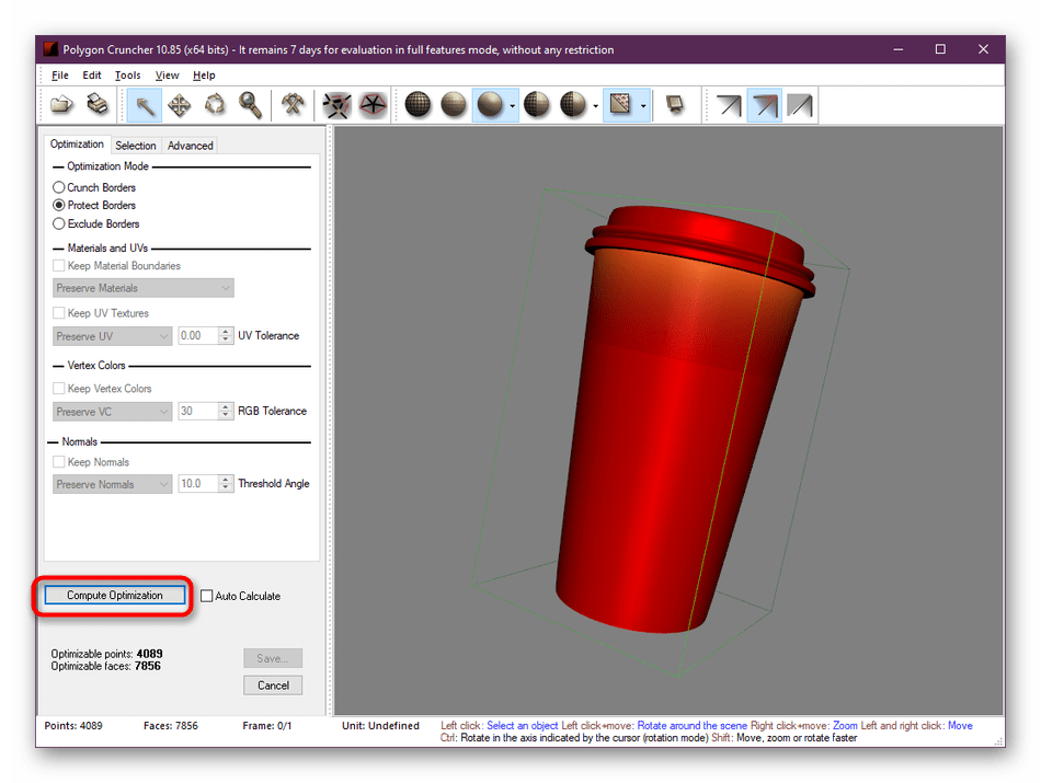 Запуск оптимизации объекта в программе Polygon Cruncher