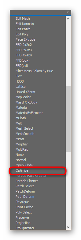 Выбор модификатора Optimize из списка в программе 3ds Max