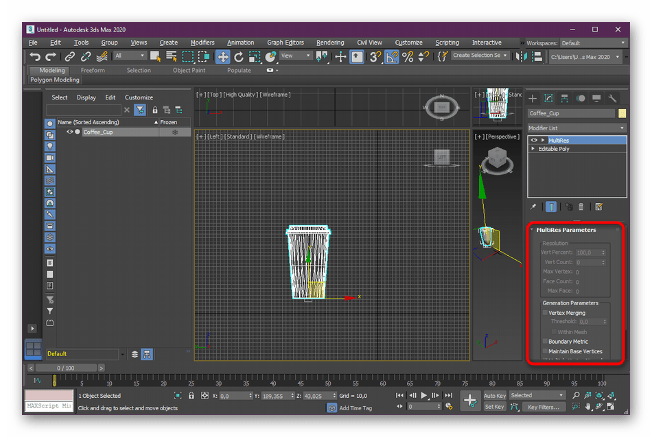Настройка модификатора MultiRes для уменьшения количества полигонов в 3ds Max