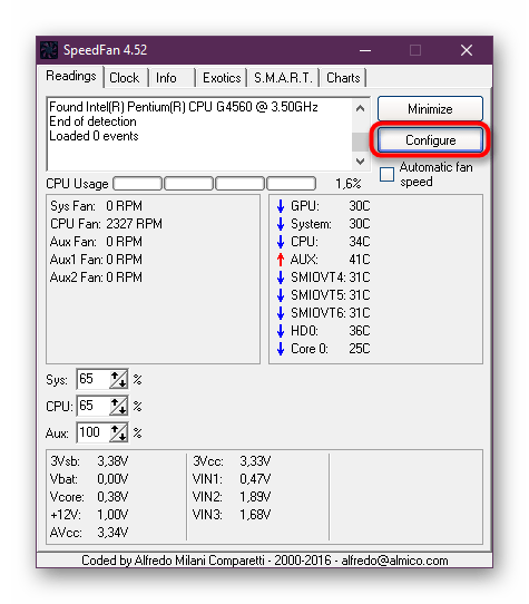 Переход к настройкам в программе SpeedFan