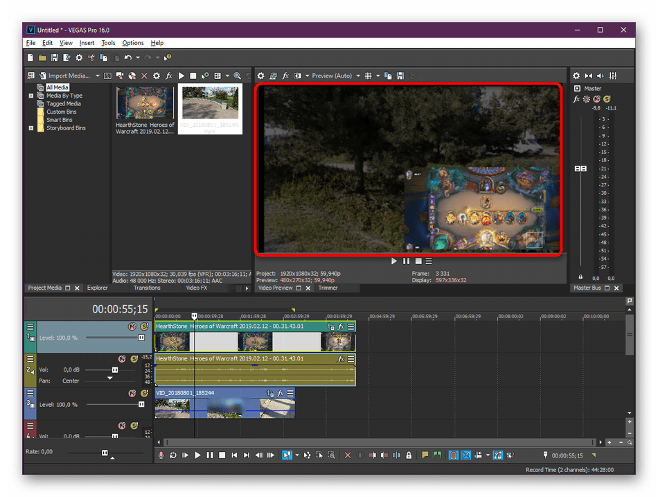 Просмотр готового наложения видео на видео в программе Sony Vegas Pro