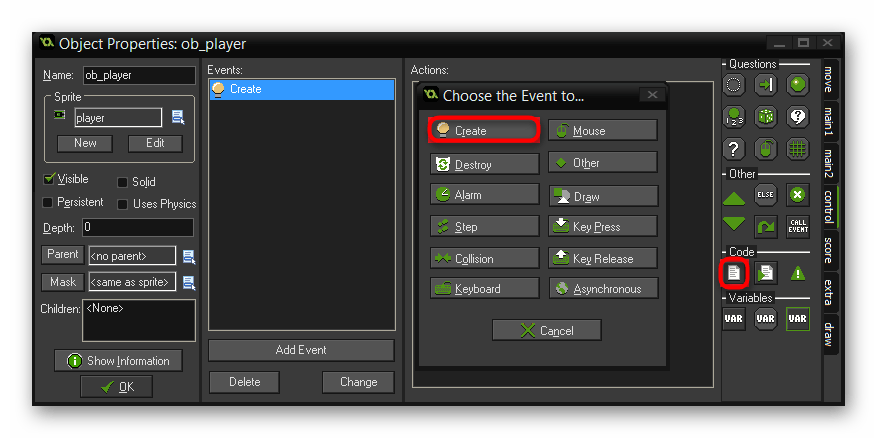 Создание нового контроллера объекта в программе Game Maker