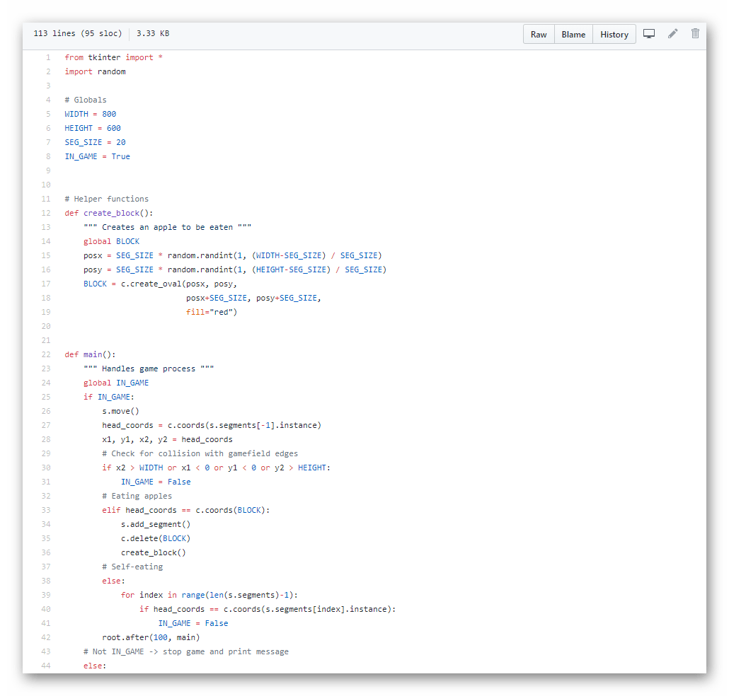Внешний вид исходного кода игры Змейка на языке Python