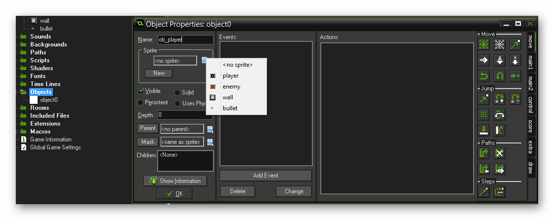 Переход во вкладку управления объектом в программе Game Maker