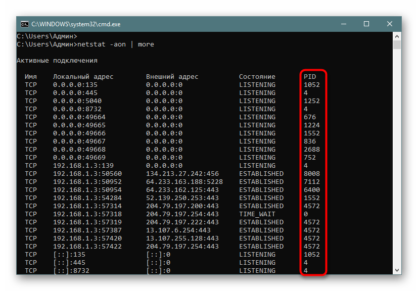 Постраничное отображение соединений с идентификаторами через команду netstat