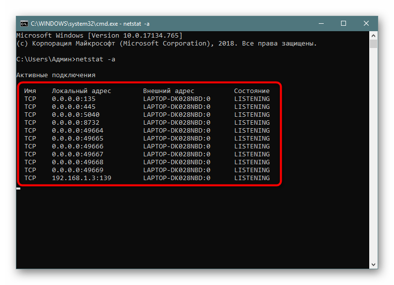 Отображение информации об активных подключениях через команду netstat