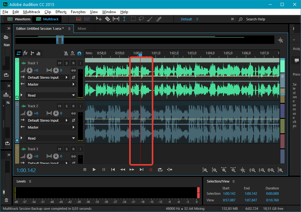 совпадение дорожек в Adobe Audition