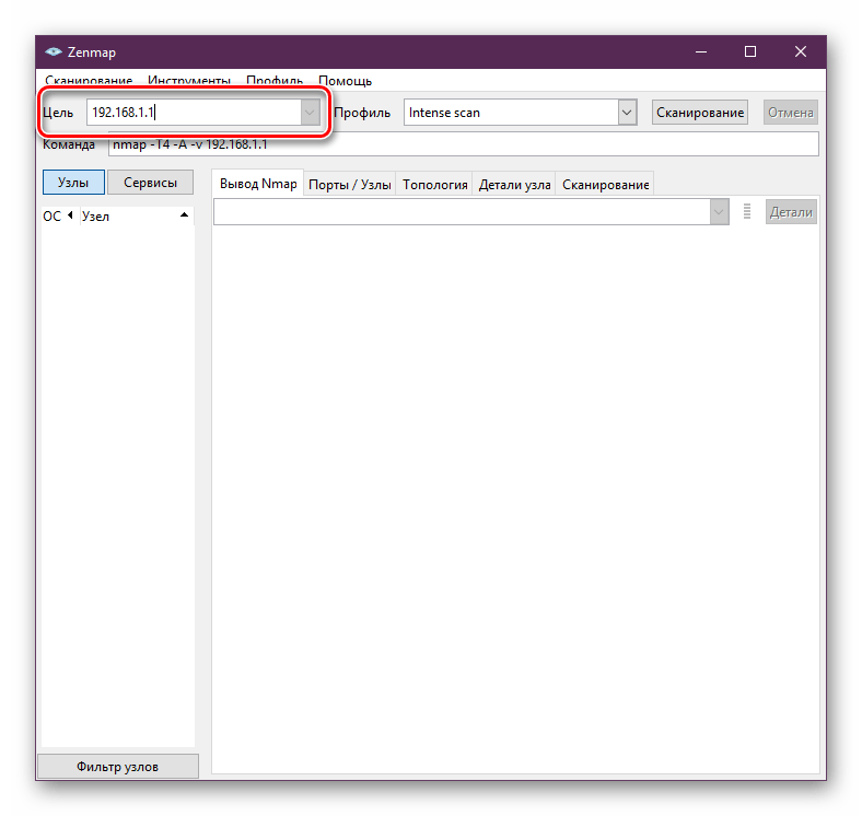 Ввести узел для сканирования в программе Nmap