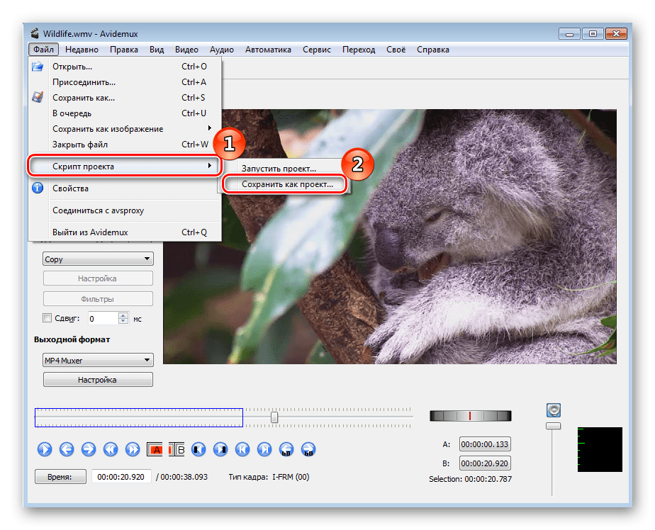 Сохранить проект для дальнейшего редактирования в программе Avidemux