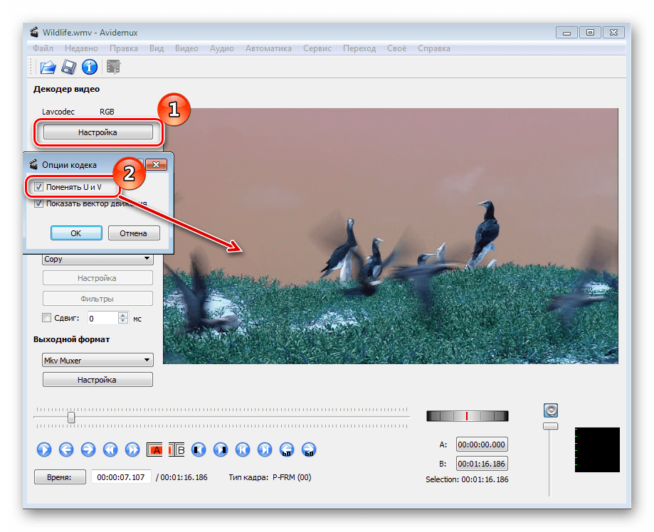 Настроить декодер видео в программе Avidemux