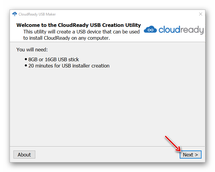 Приветственное окно утилиты CloudReady USB Maker для создания загрузочной флешки