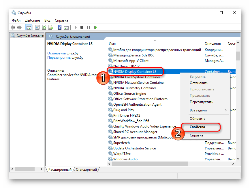 Служба NVIDIA Display Container LS в списке Служб