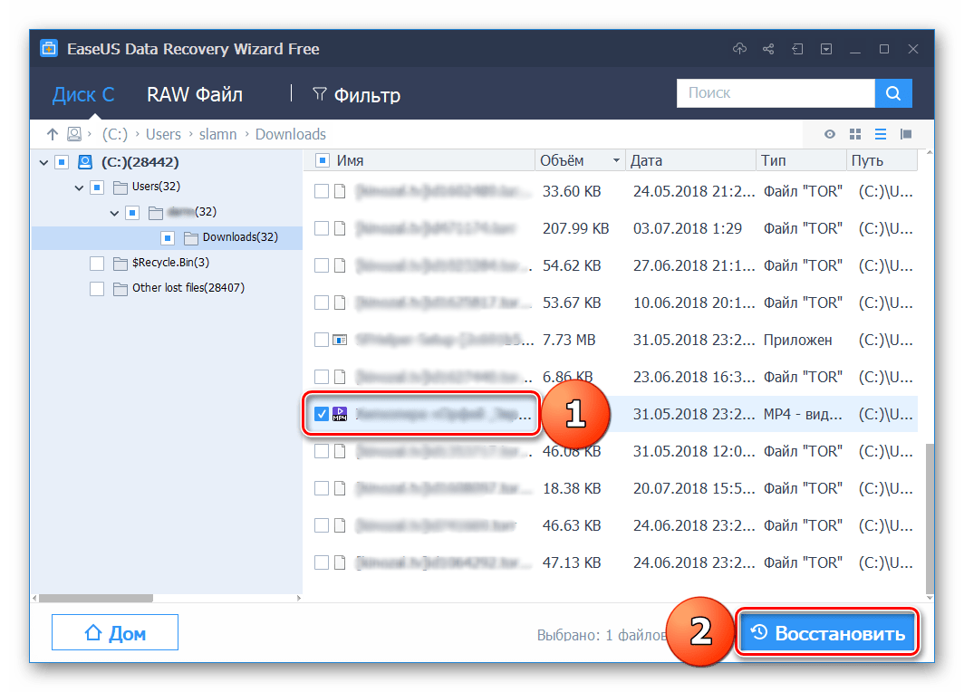 Восстановление выбранных файлов в программе EaseUS Data Recovery Wizard