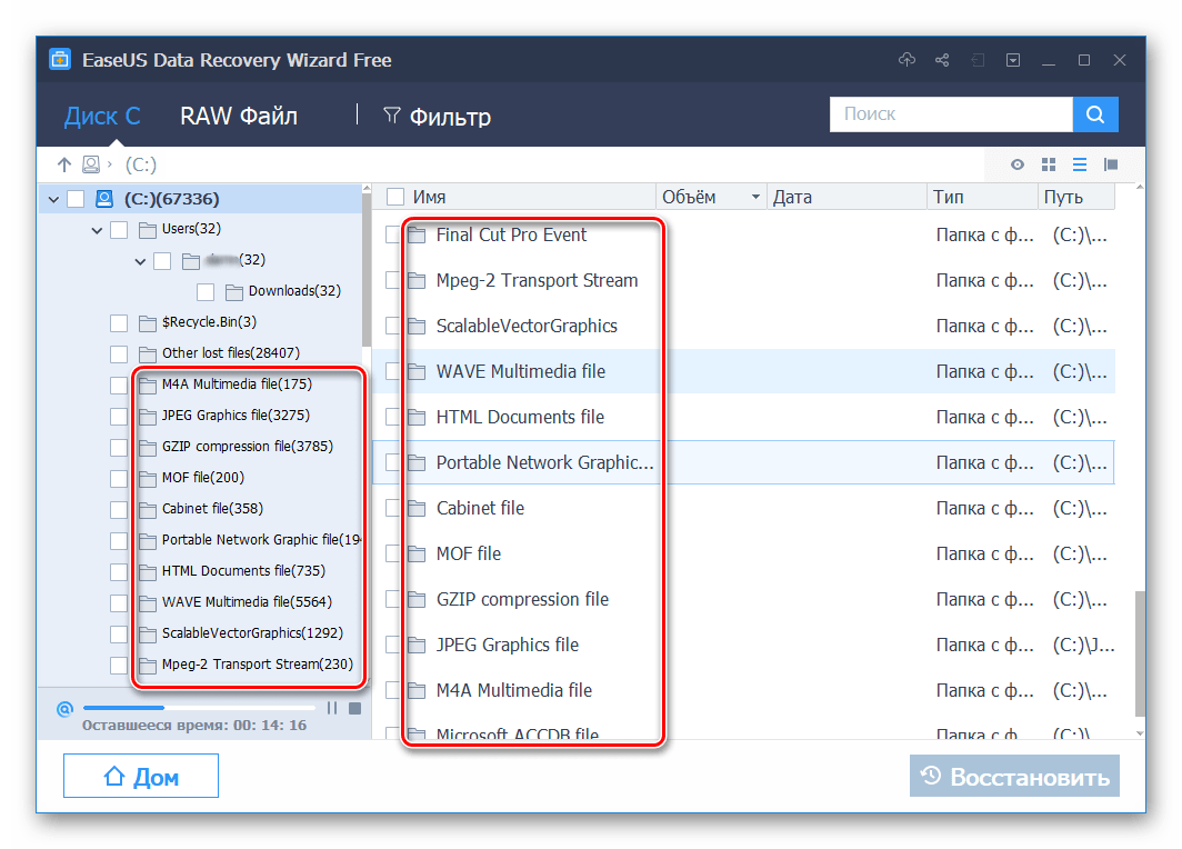 Папки с файлами, поделенными по форматам в программе EaseUS Data Recovery Wizard