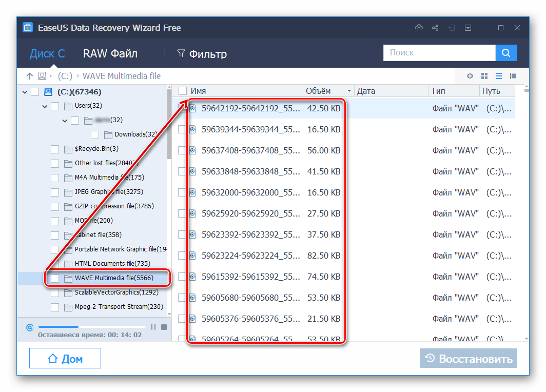 Файлы внутри директории при восстановлении данных в программе EaseUS Data Recovery Wizard