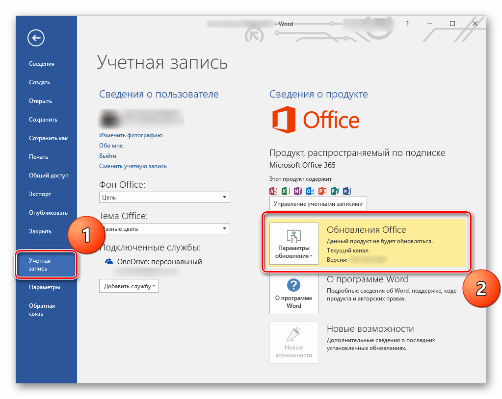 Раздел Параметры обновления в Microsoft Office