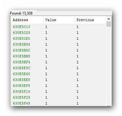 Общий вид найденных значений в Cheat Engine