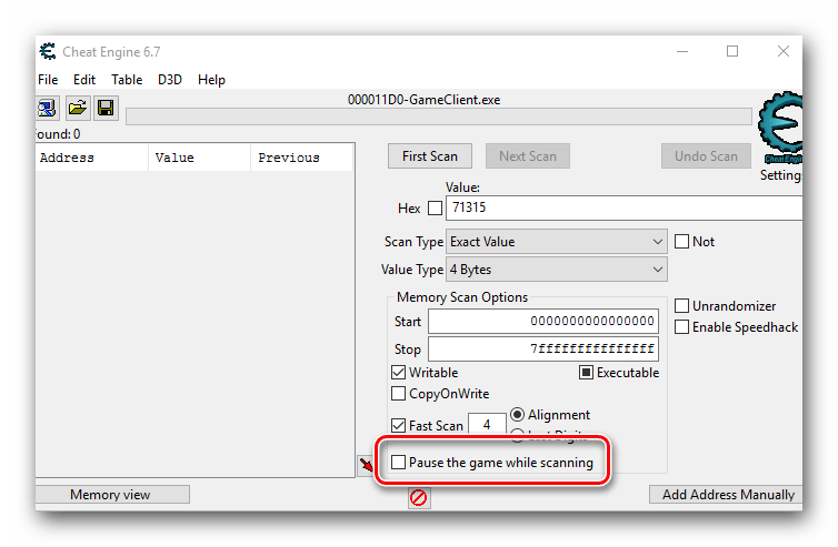Включаем функцию паузы в игре при сканировании в CheatEngine