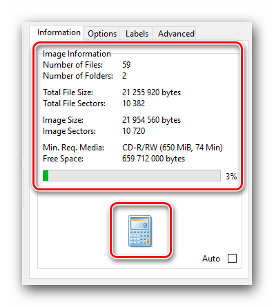 Кнопка подсчета свободного места при создании образа ImgBurn