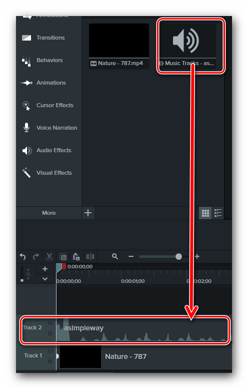 Переносим музыкальный файл на таймлайн в Camtasia Studio